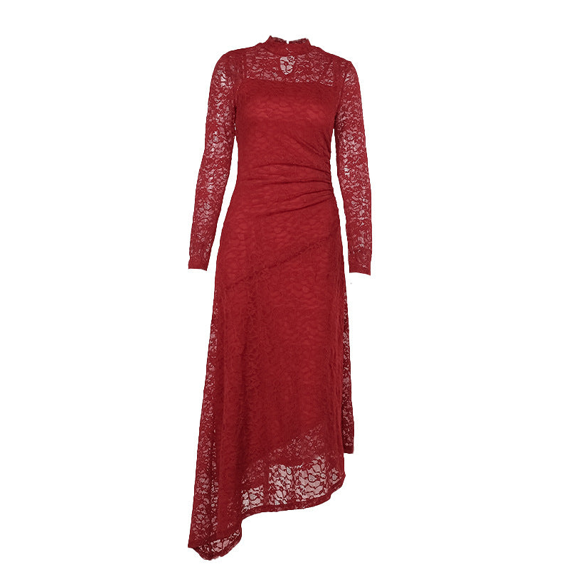 Jacquard Lace Sheath Dress with Mock Neck and Long Sleeves