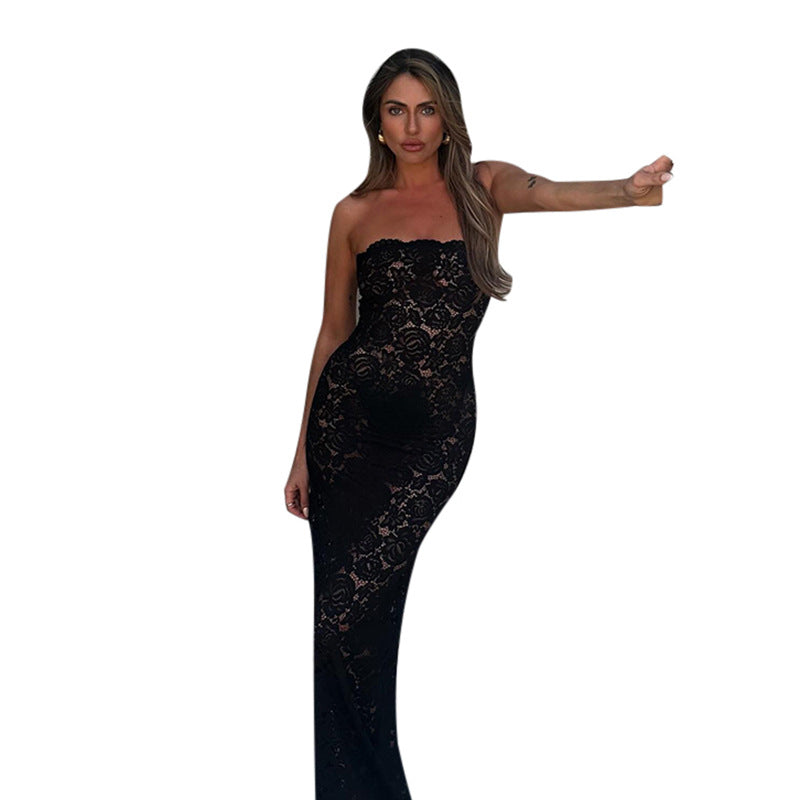 Strapless Sheath Maxi Dress in Sheer Floral Lace