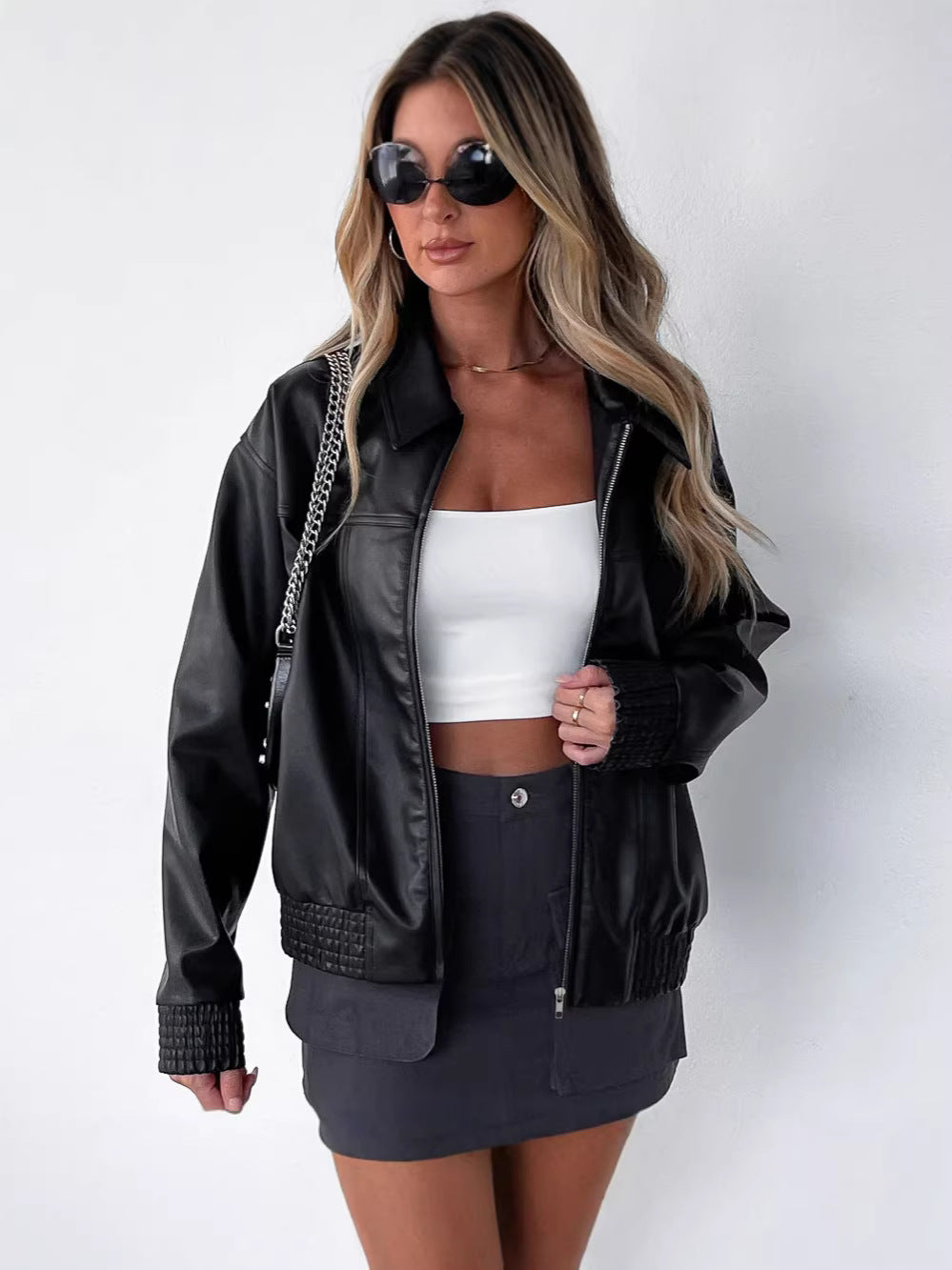 Oversized Faux Leather Jacket with Lapel and Quilted Trim