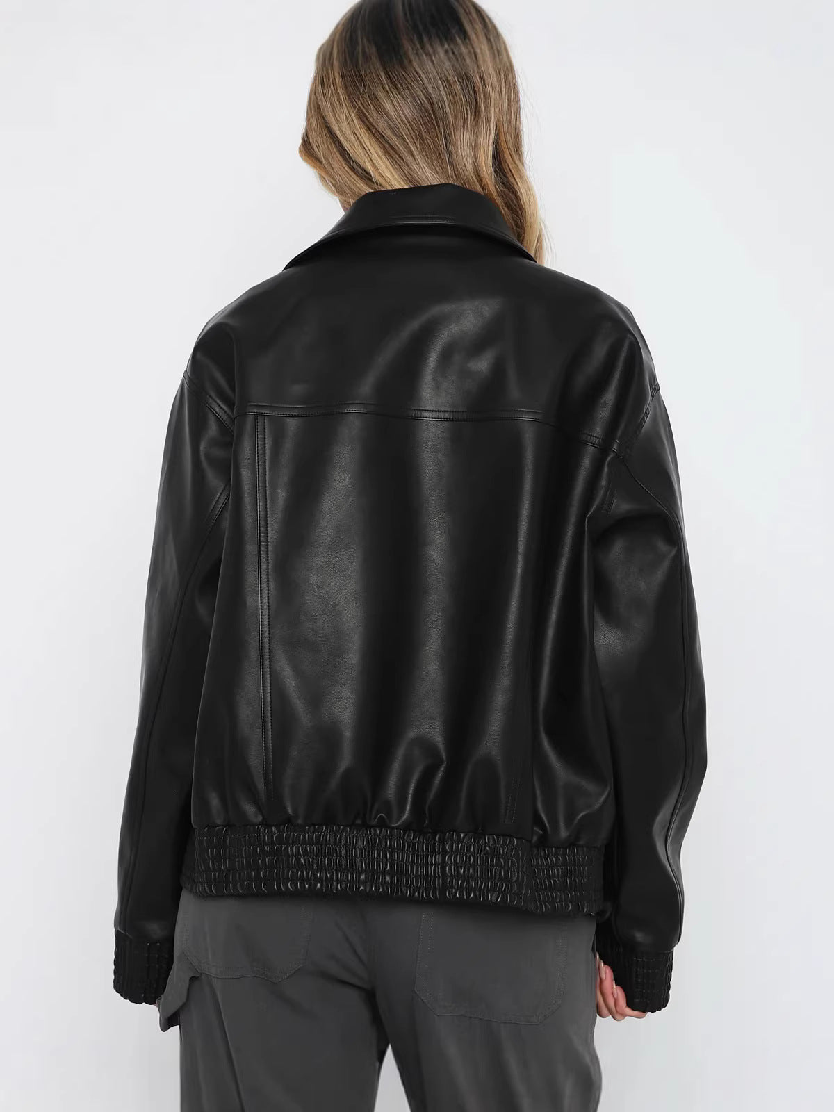Oversized Faux Leather Jacket with Lapel and Quilted Trim