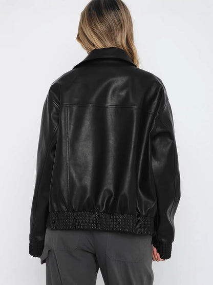 Oversized Faux Leather Jacket with Lapel and Quilted Trim