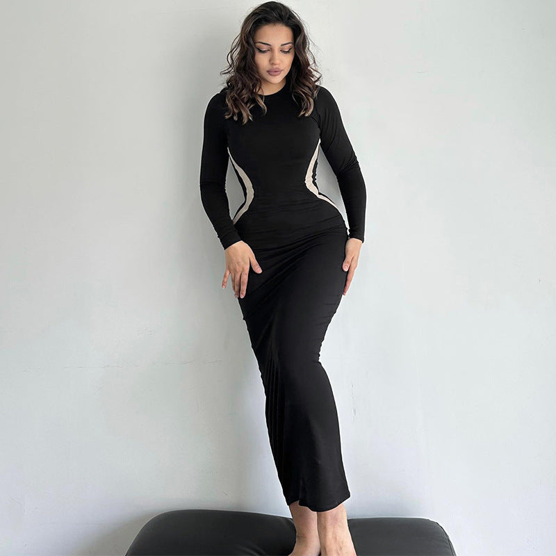 Bodycon Maxi Dress with Round Neck and Contrast Panels
