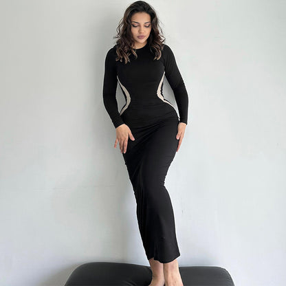 Bodycon Maxi Dress with Round Neck and Contrast Panels