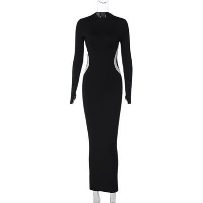 Bodycon Maxi Dress with Round Neck and Contrast Panels