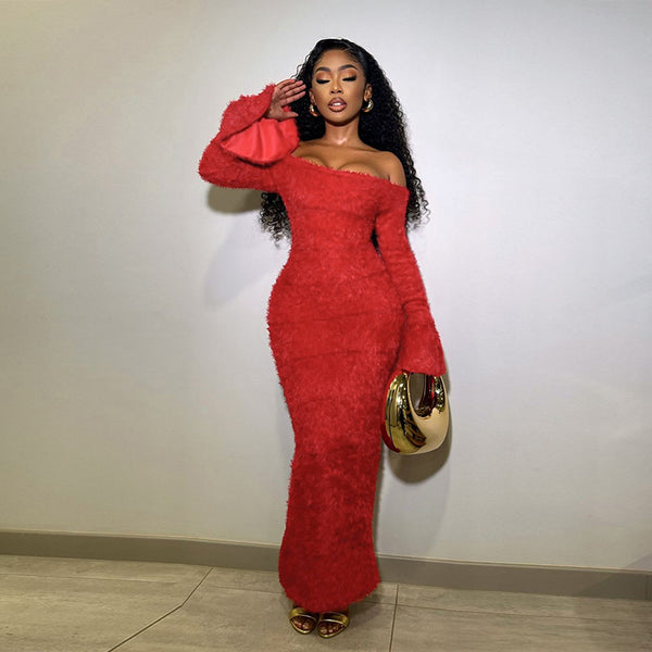 Bodycon Flocked Maxi Dress with Off-the-Shoulder Bell Sleeves