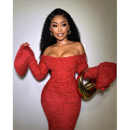 Bodycon Flocked Maxi Dress with Off-the-Shoulder Bell Sleeves