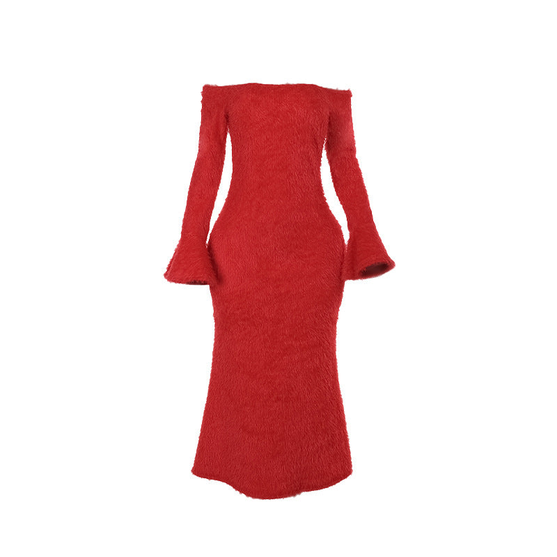 Bodycon Flocked Maxi Dress with Off-the-Shoulder Bell Sleeves