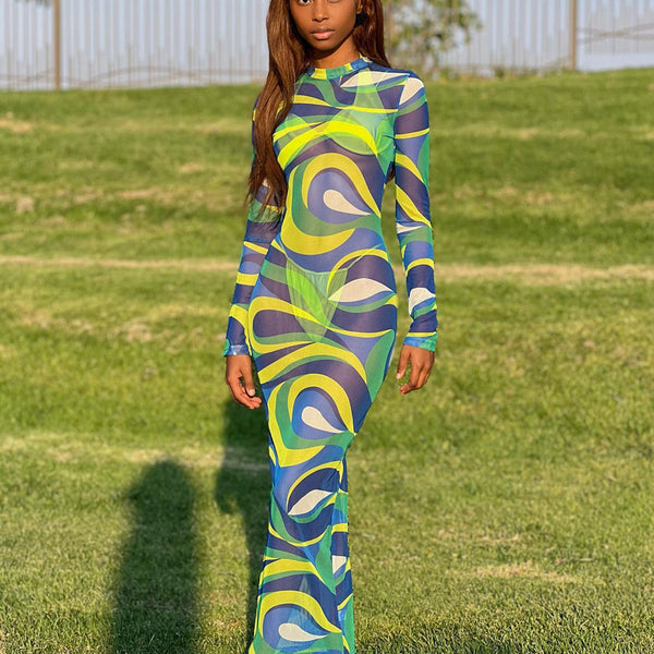 Abstract Swirl Mesh Bodycon Maxi Dress with Long Sleeves