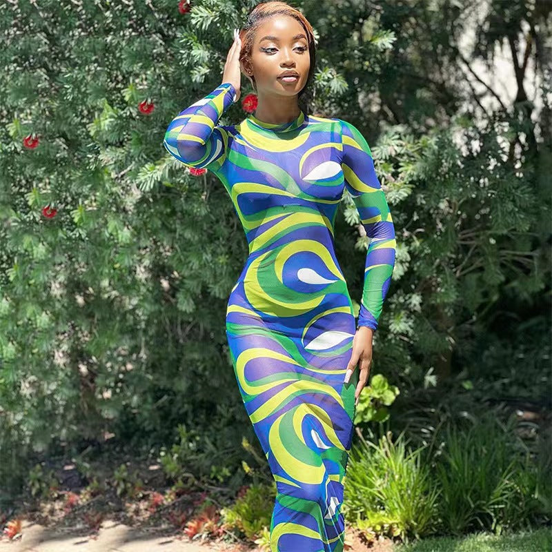 Abstract Swirl Mesh Bodycon Maxi Dress with Long Sleeves