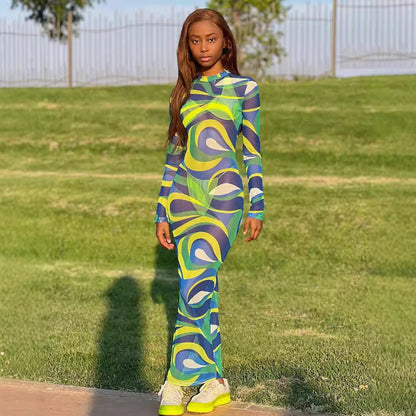 Abstract Swirl Mesh Bodycon Maxi Dress with Long Sleeves