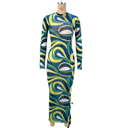 Abstract Swirl Mesh Bodycon Maxi Dress with Long Sleeves