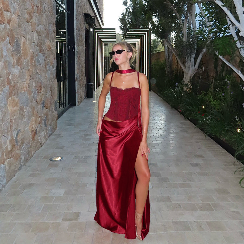 A-Line Satin Maxi Dress with Lace Bodice and High Slit