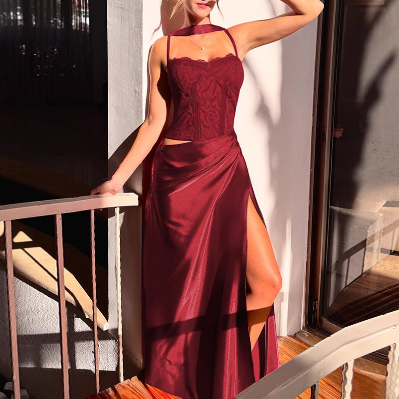 A-Line Satin Maxi Dress with Lace Bodice and High Slit