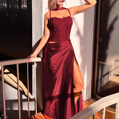 A-Line Satin Maxi Dress with Lace Bodice and High Slit