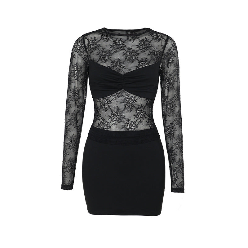 Floral Lace Two-Piece Set with Long-Sleeve Top and Mini Skirt