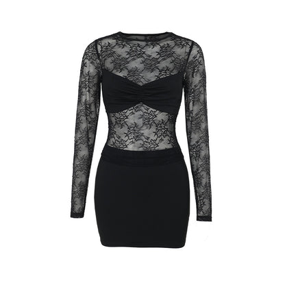 Floral Lace Two-Piece Set with Long-Sleeve Top and Mini Skirt