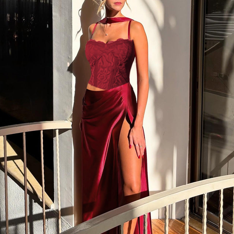 A-Line Satin Maxi Dress with Lace Bodice and High Slit