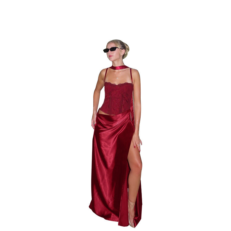 A-Line Satin Maxi Dress with Lace Bodice and High Slit