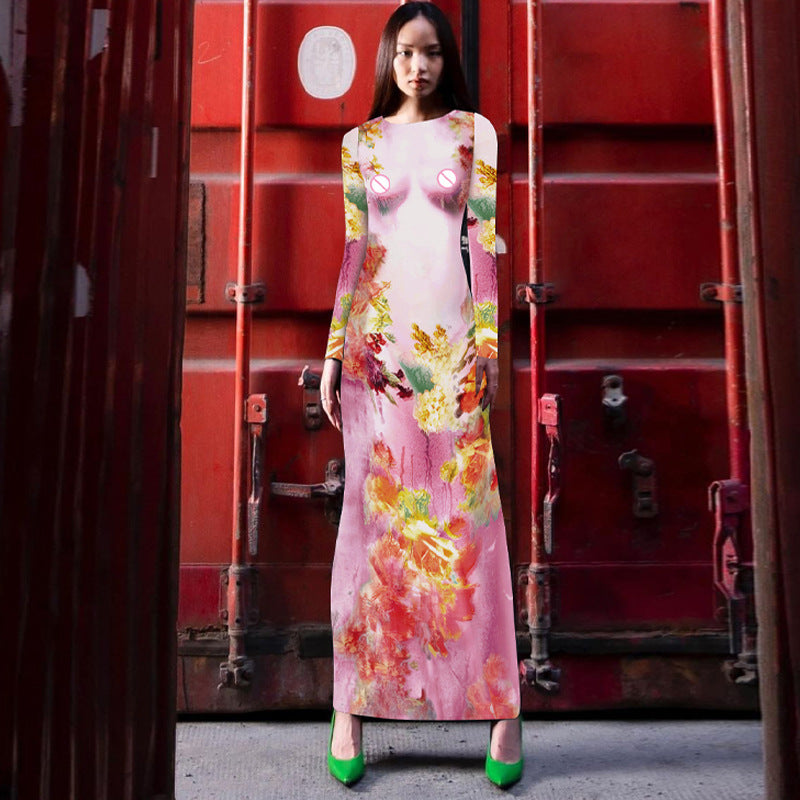 Bodycon Floral Maxi Dress with Long Sleeves