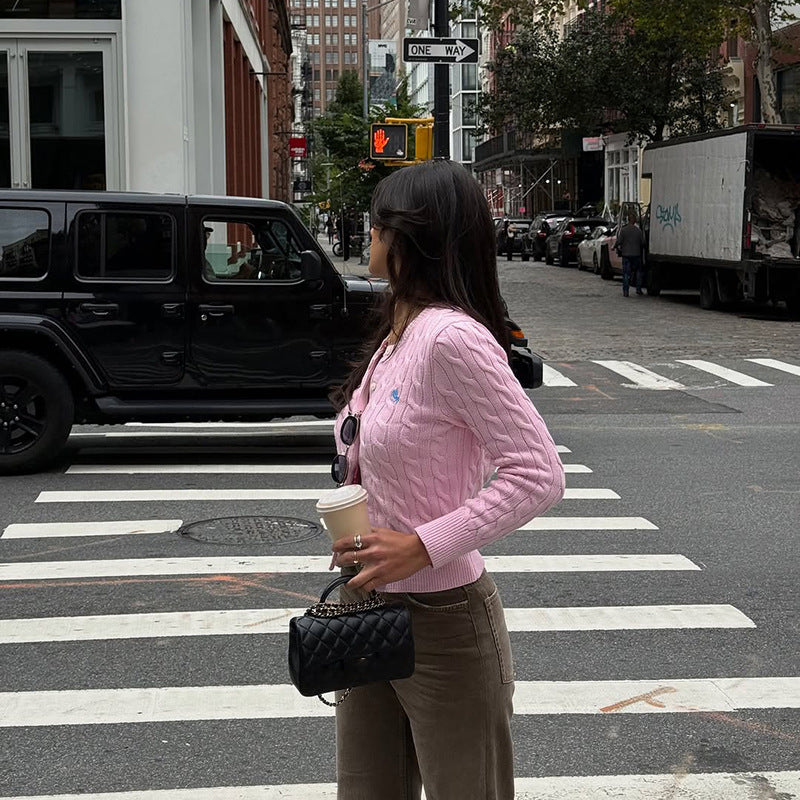 Cable Knit Cardigan with Horse Embroidery and Round Neck