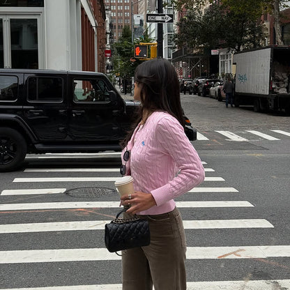 Cable Knit Cardigan with Horse Embroidery and Round Neck
