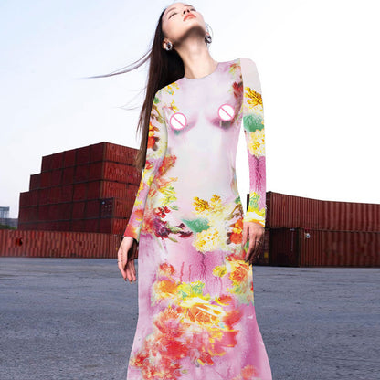 Bodycon Floral Maxi Dress with Long Sleeves