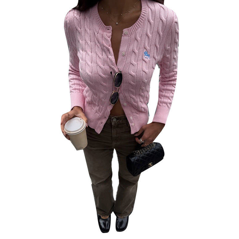 Cable Knit Cardigan with Horse Embroidery and Round Neck