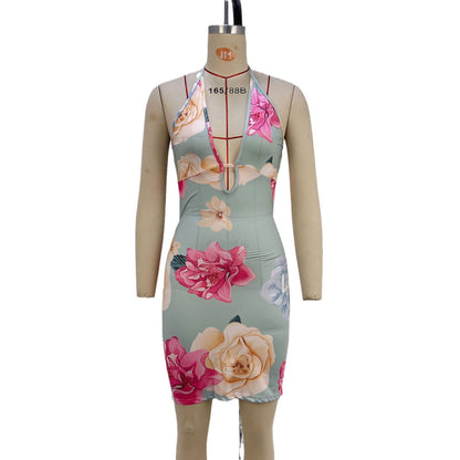 Floral Print Halter Bodycon Dress with Cut-out and Ruched Detail