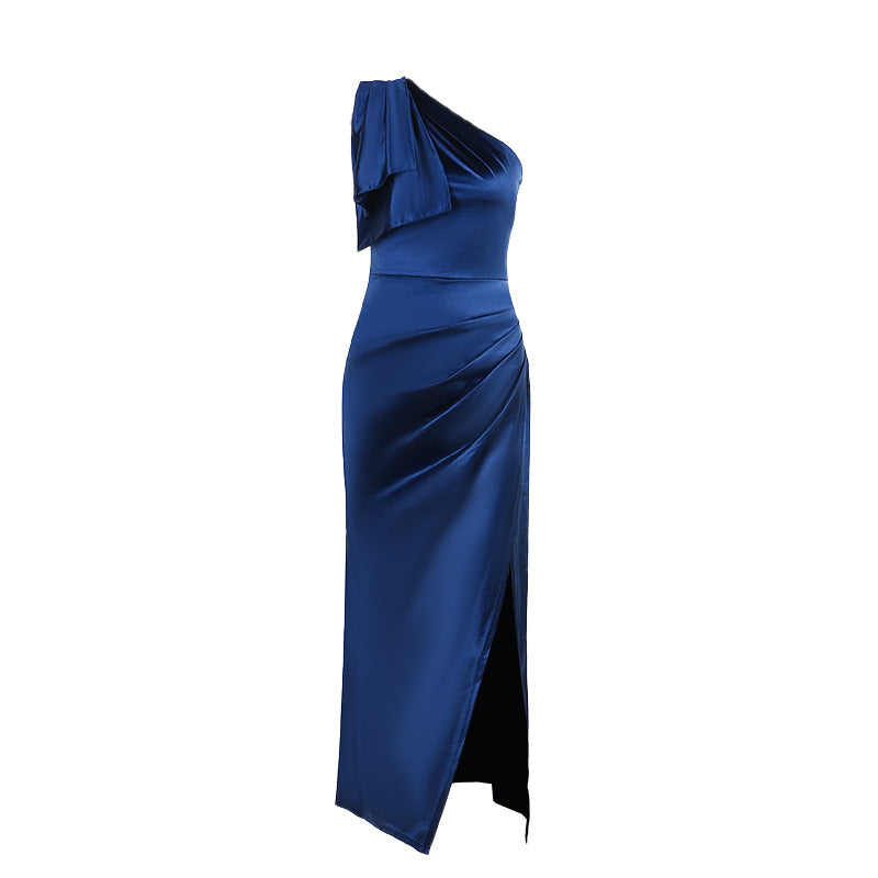 One-Shoulder Satin Maxi Dress with Ruffle Detail and High Slit
