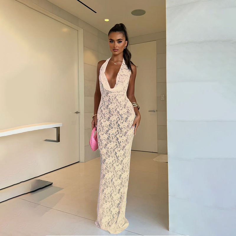 Floral Lace Bodycon Maxi Dress with Cowl Neck and Open Back