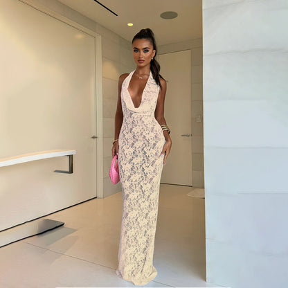 Floral Lace Bodycon Maxi Dress with Cowl Neck and Open Back
