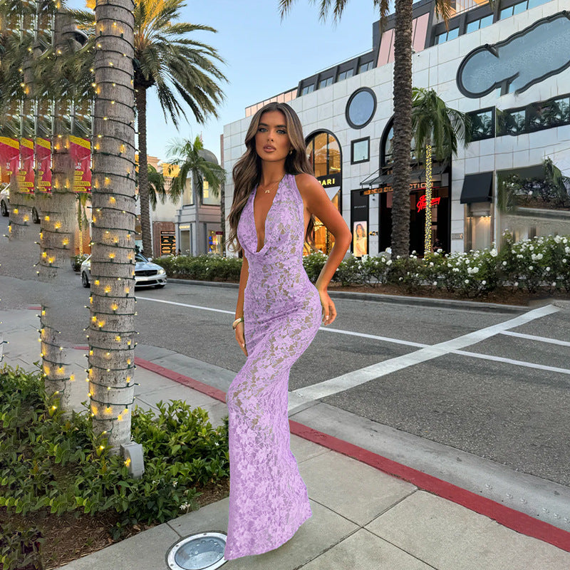 Floral Lace Bodycon Maxi Dress with Cowl Neck and Open Back