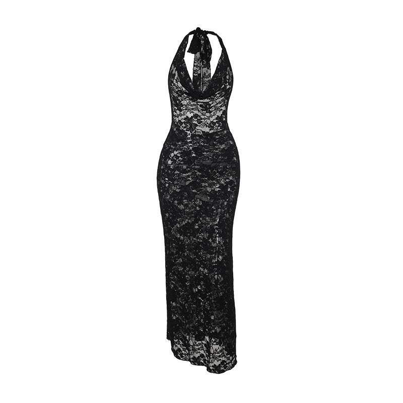 Floral Lace Bodycon Maxi Dress with Cowl Neck and Open Back