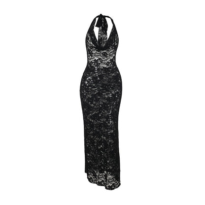 Floral Lace Bodycon Maxi Dress with Cowl Neck and Open Back