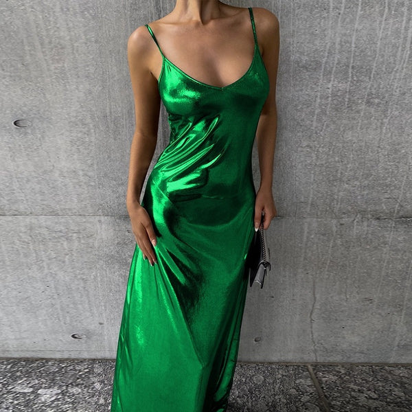 Metallic Slip Maxi Dress with V-Neck and Spaghetti Straps