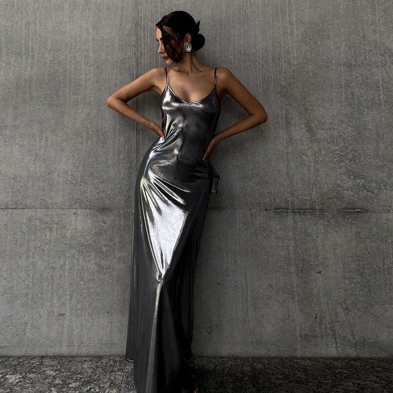 Metallic Slip Maxi Dress with V-Neck and Spaghetti Straps