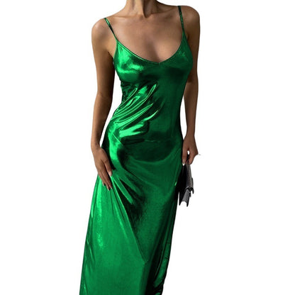 Metallic Slip Maxi Dress with V-Neck and Spaghetti Straps