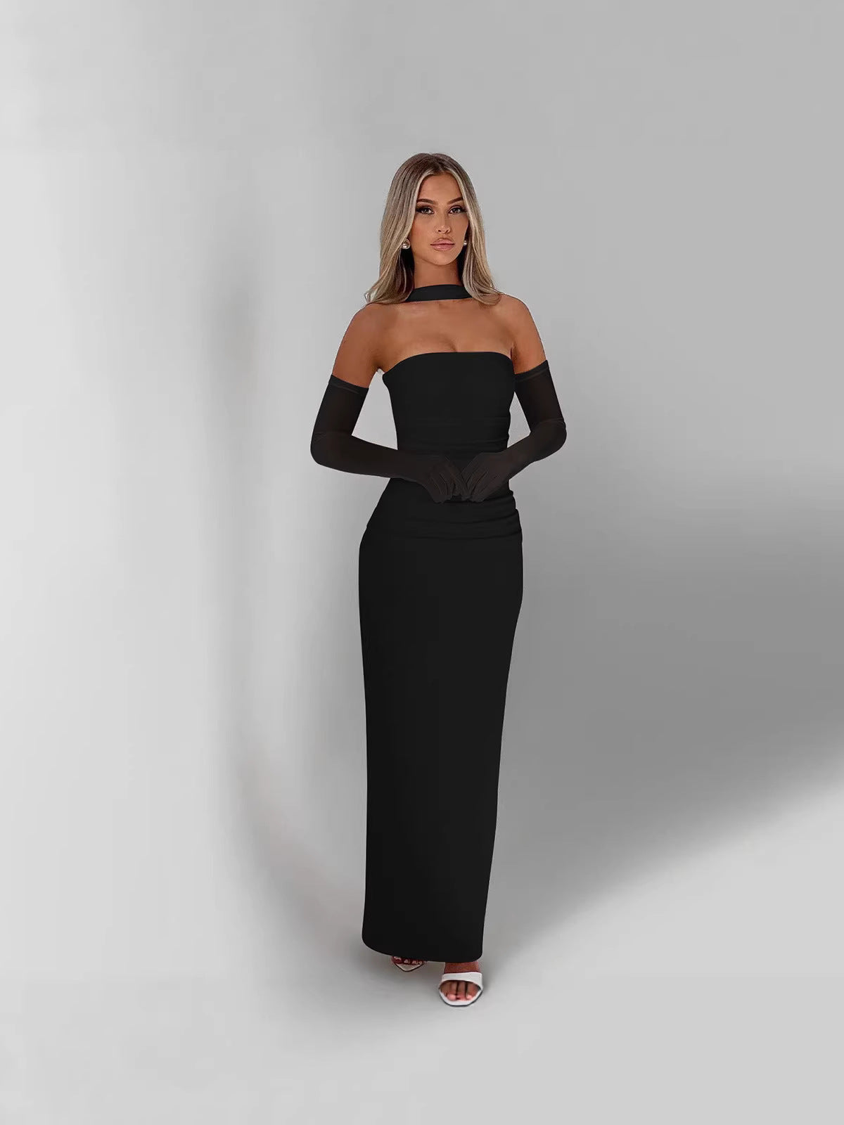 Strapless Bodycon Maxi Dress with Matching Gloves and Neck Scarf