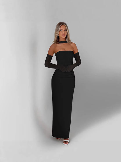 Strapless Bodycon Maxi Dress with Matching Gloves and Neck Scarf