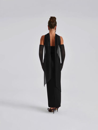 Strapless Bodycon Maxi Dress with Matching Gloves and Neck Scarf