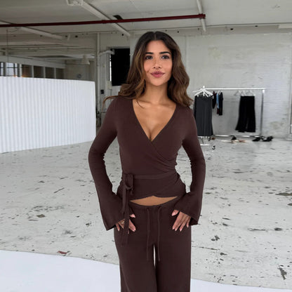 Solid Ribbed Knit Two-Piece Set with Wrap Top and Flared Sleeves