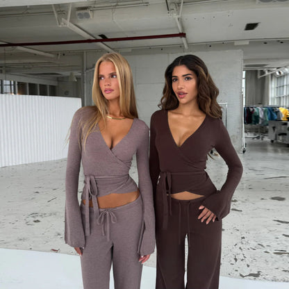 Solid Ribbed Knit Two-Piece Set with Wrap Top and Flared Sleeves