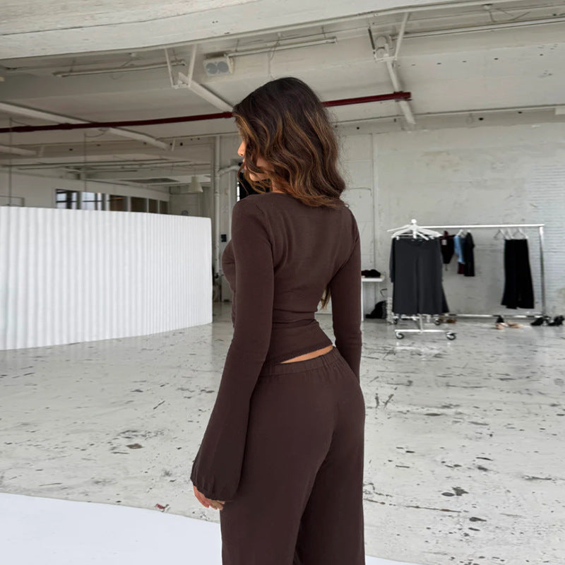 Solid Ribbed Knit Two-Piece Set with Wrap Top and Flared Sleeves