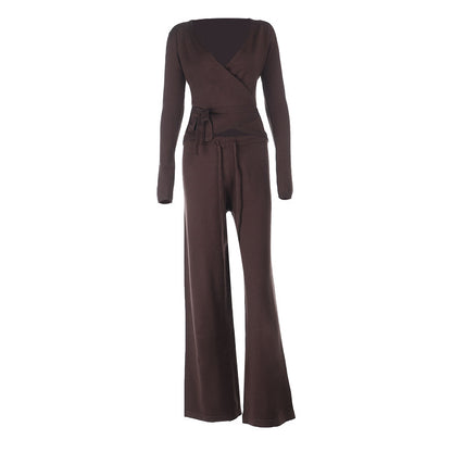 Solid Ribbed Knit Two-Piece Set with Wrap Top and Flared Sleeves