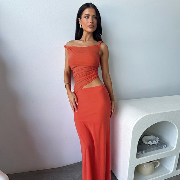 Bodycon Maxi Dress with One-Shoulder and Mesh Waist Cutout
