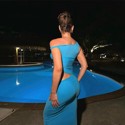 Bodycon Maxi Dress with One-Shoulder and Mesh Waist Cutout