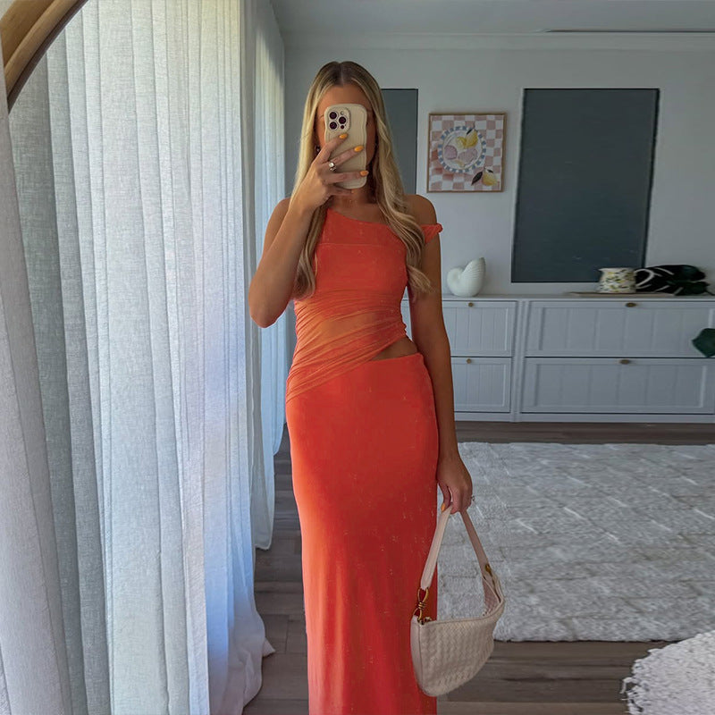 Bodycon Maxi Dress with One-Shoulder and Mesh Waist Cutout