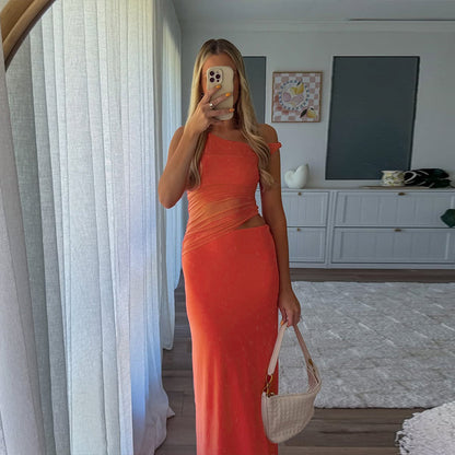 Bodycon Maxi Dress with One-Shoulder and Mesh Waist Cutout