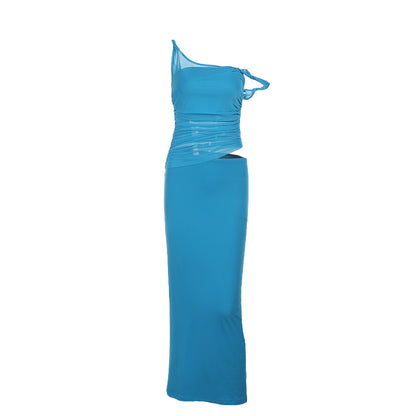 Bodycon Maxi Dress with One-Shoulder and Mesh Waist Cutout
