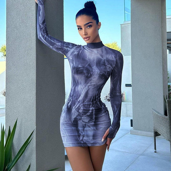 Abstract Print Bodycon Mini Dress with Crewneck and Long Sleeves